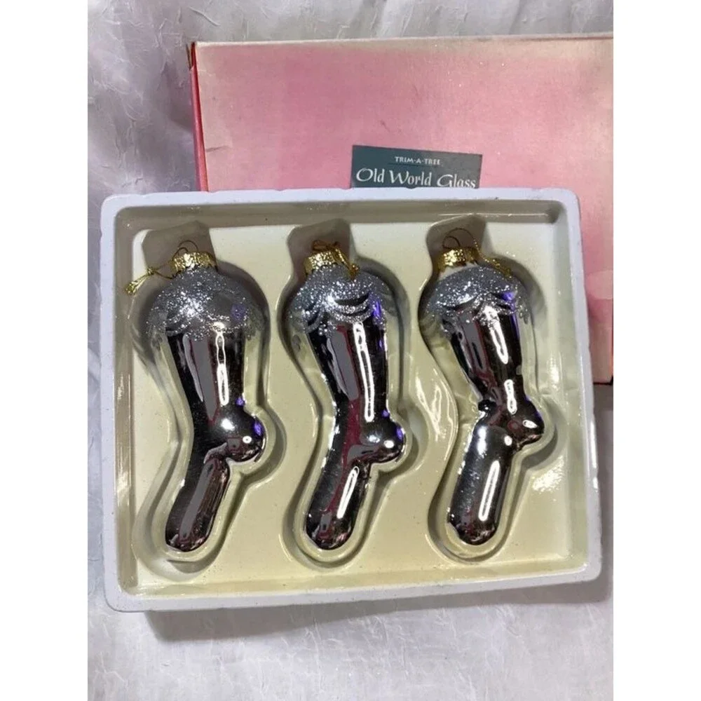 Old World Style Silver Glass Christmas Ornaments Stocking Shaped